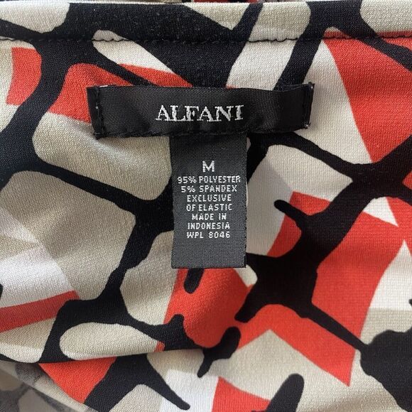 Alfani Blouse Womens M Black Red Geometric Print Short Ruched Sleeve Stretch - Picture 6 of 12